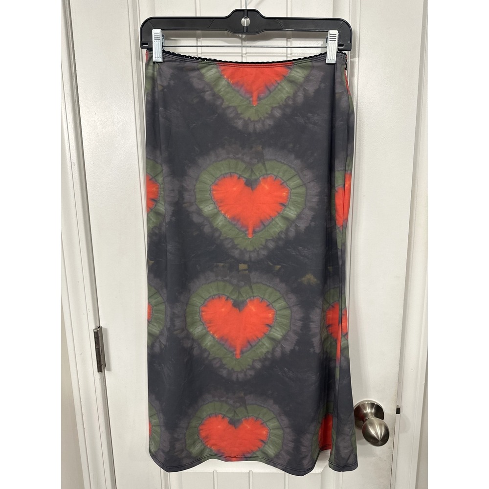 Omighty Womens Tie Dye Heart Midi Skirt Grey Green Orange Lace Trim Size M NWT
